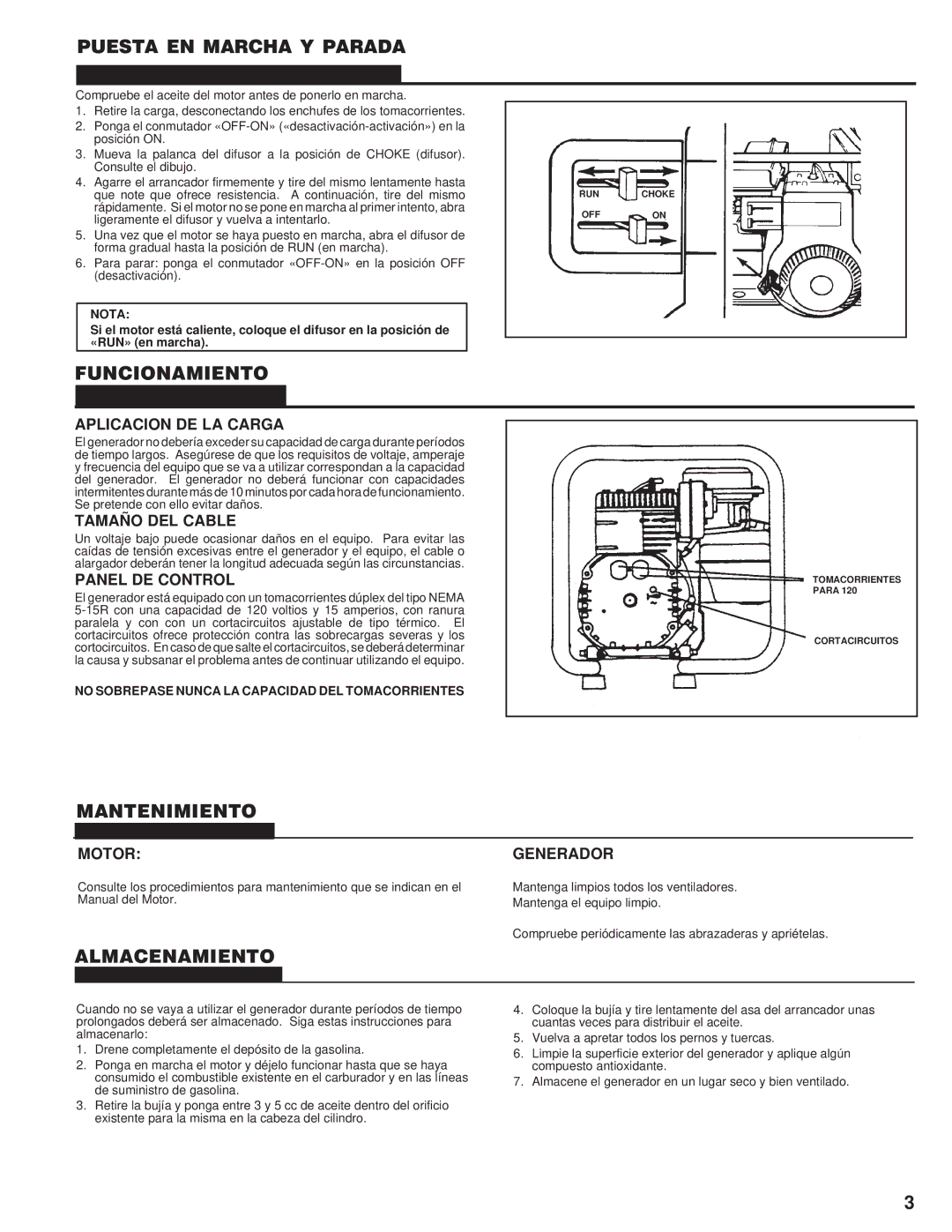 Homelite HL2500, UT03697 C owner manual Puesta EN Marcha Y Parada, Funcionamiento, Mantenimiento, Almacenamiento 