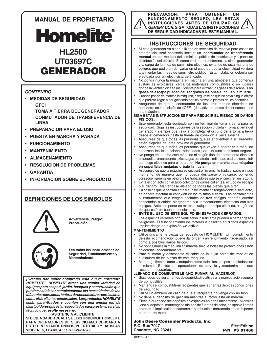 Homelite HL2500, UT03697 C owner manual Manual DE Propietario, Definiciones DE LOS Simbolos, Instrucciones DE Seguridad 