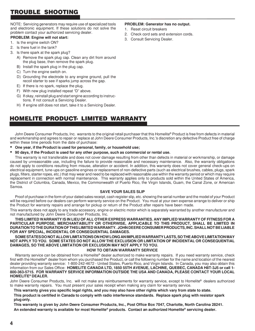 Homelite HL2500, UT03697 C owner manual Trouble Shooting, Homelite PRODUCT- Limited Warranty, Save Your Sales Slip 