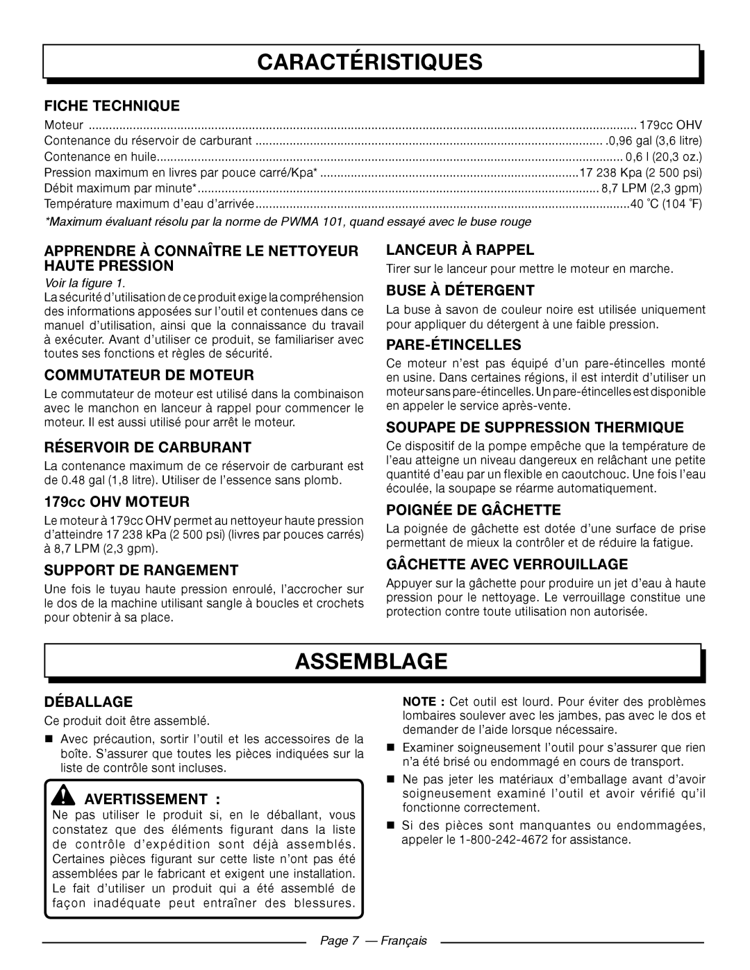 Homelite HL252300 manuel dutilisation Caractéristiques, Assemblage 