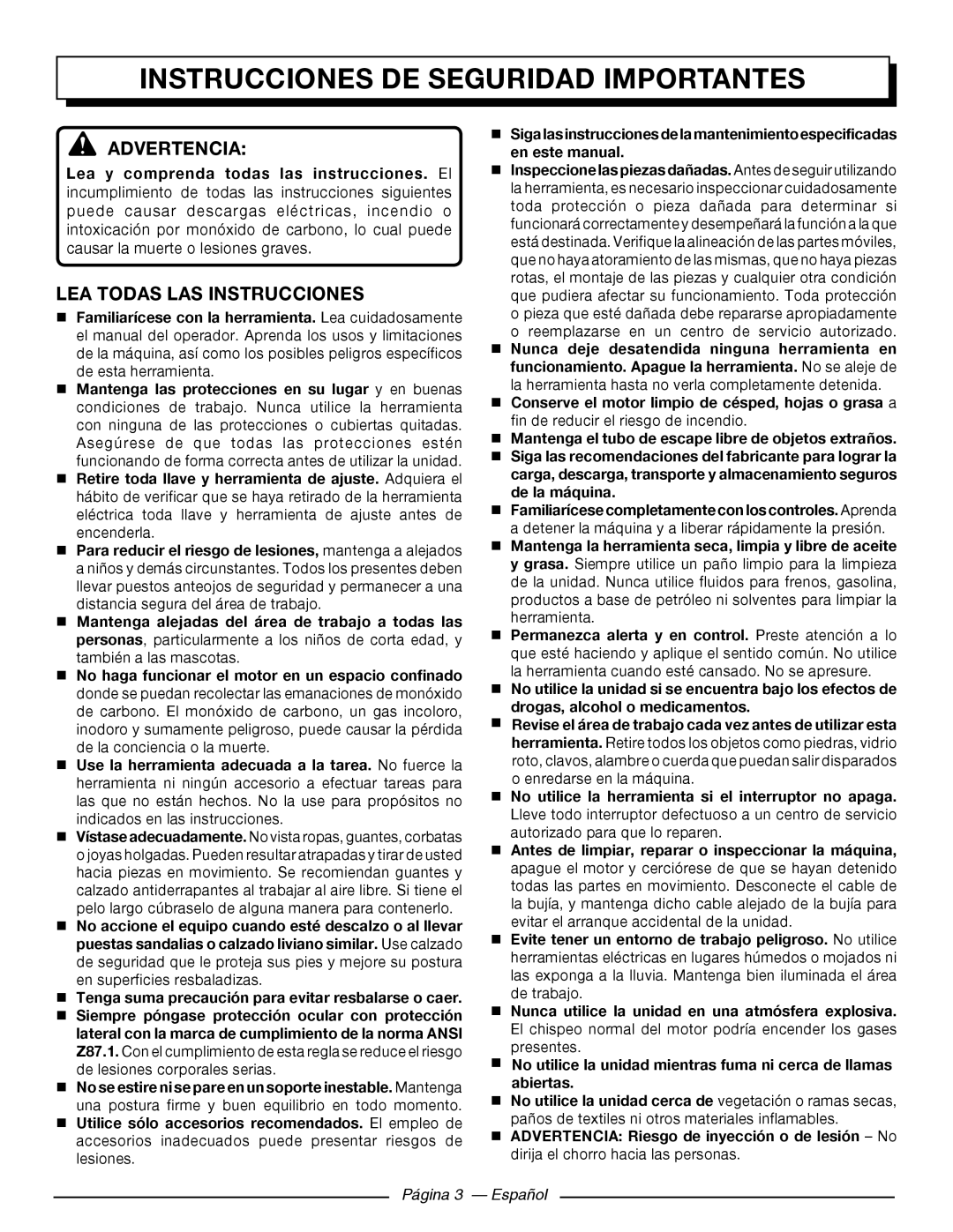 Homelite HL252300 Instrucciones DE Seguridad Importantes, Advertencia, LEA Todas LAS Instrucciones, Página 3 Español 