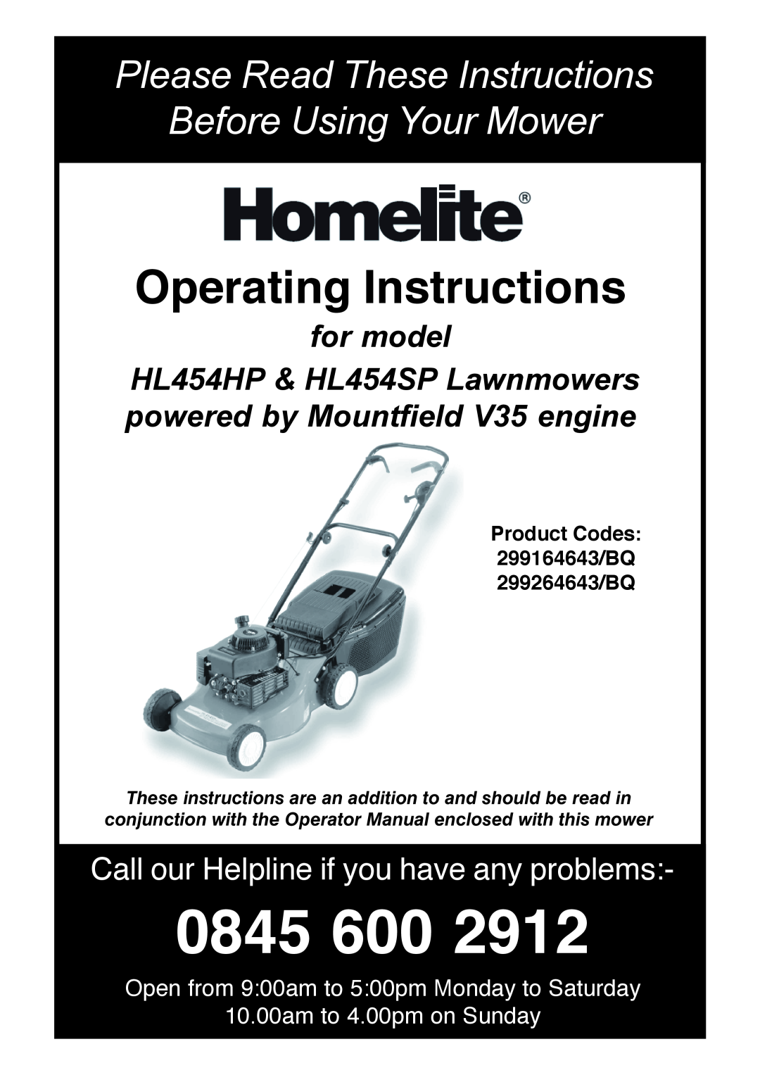 Homelite HL454HP manual These instructions are an addition to and should be read in, 0845, Operating Instructions 