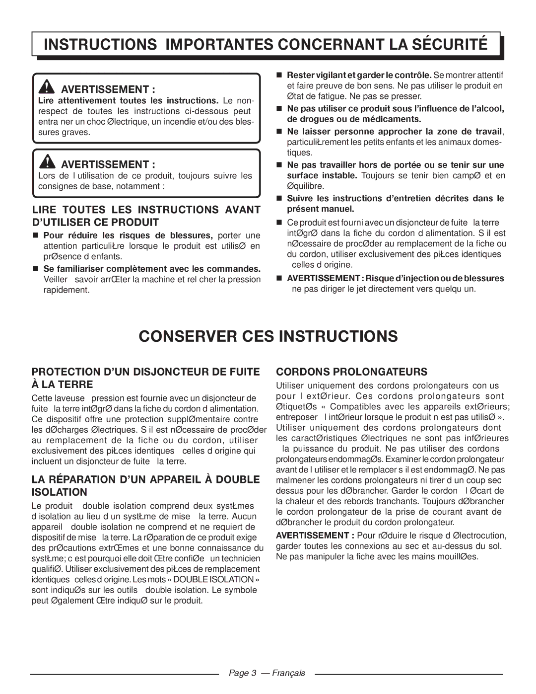 Homelite HL80215 manuel dutilisation Instructions Importantes Concernant LA Sécurité, Conserver CES Instructions 