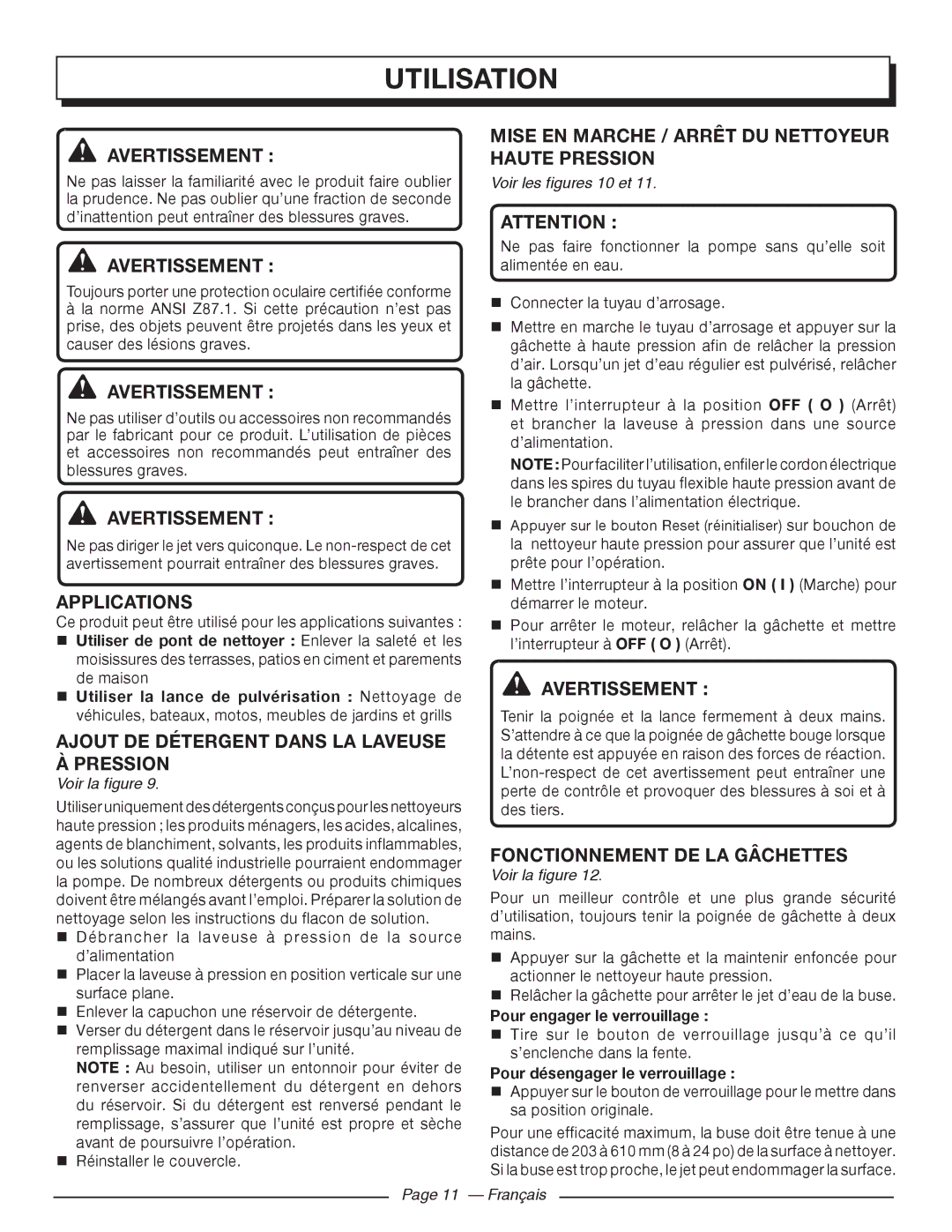 Homelite HL80215 Utilisation, Ajout de détergent dans la laveuse à pression, Fonctionnement DE LA GÂCHETTEs 