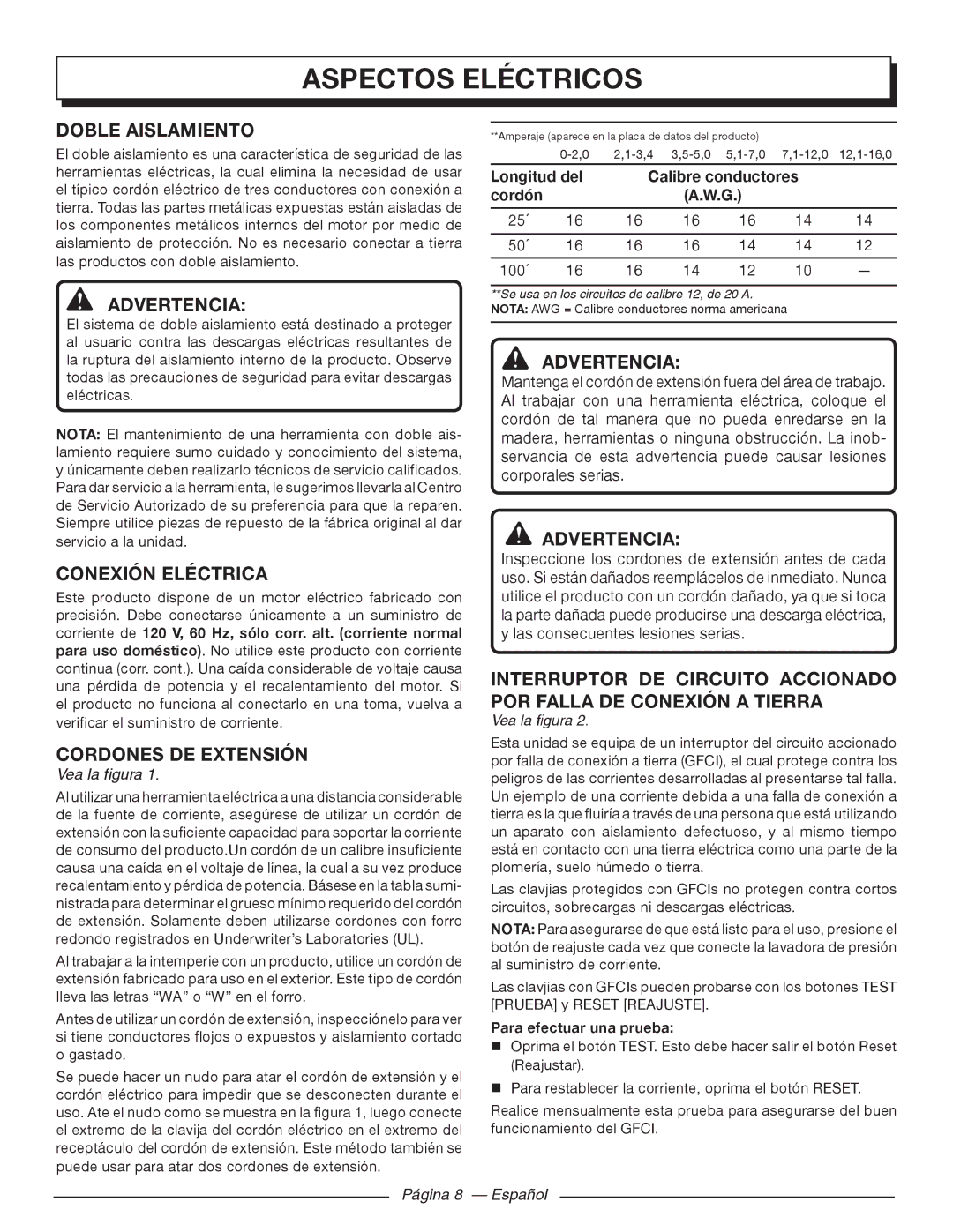 Homelite HL80215 Aspectos Eléctricos, Doble Aislamiento, Conexión Eléctrica, Longitud del Calibre conductores Cordón 