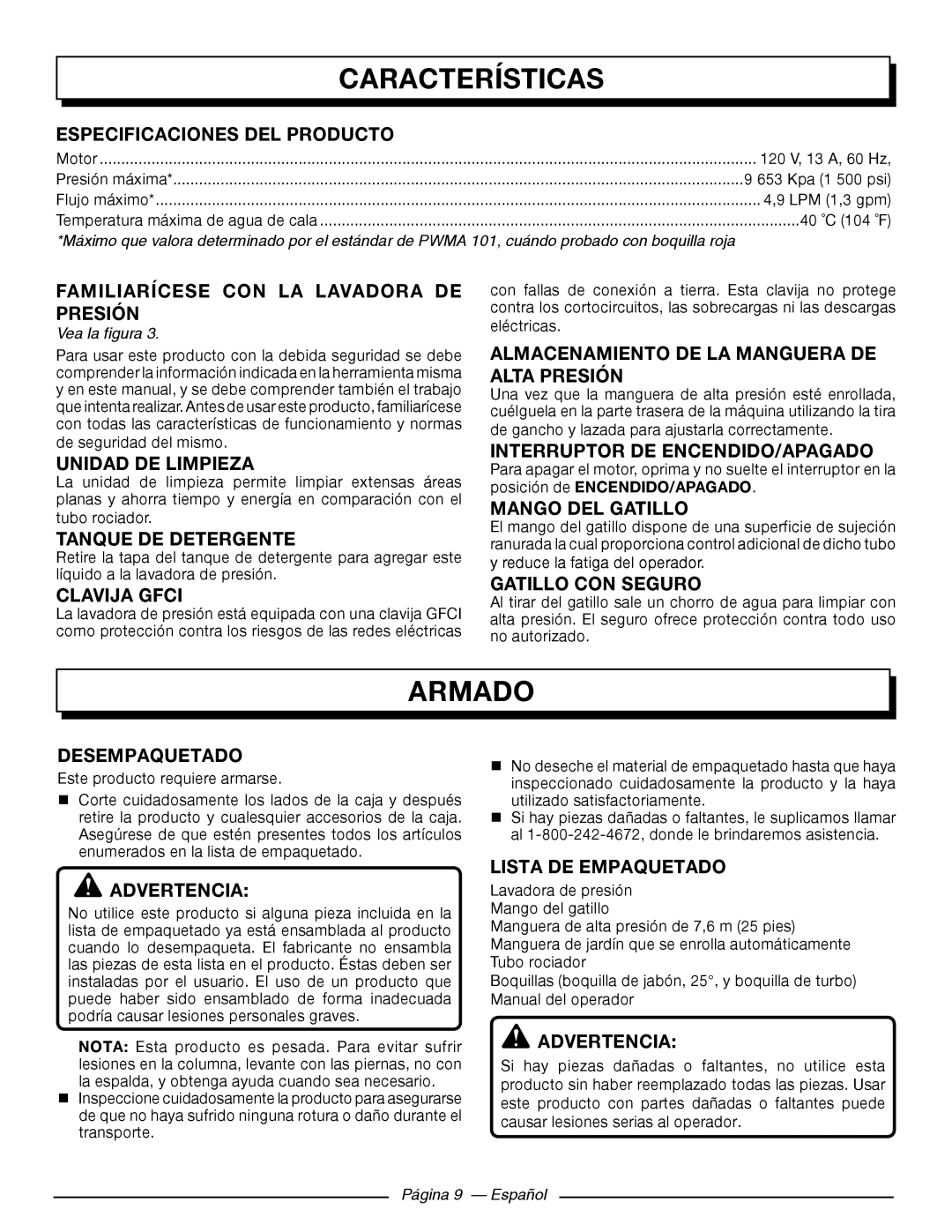 Homelite HL80215 manuel dutilisation Características, Armado 