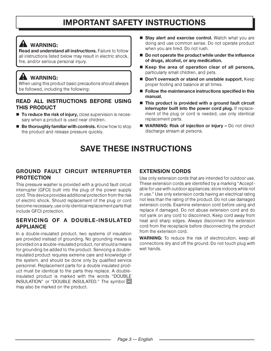 Homelite HL80215 Important safety instructions, Read ALL Instructions Before Using this Product, Extension cords 