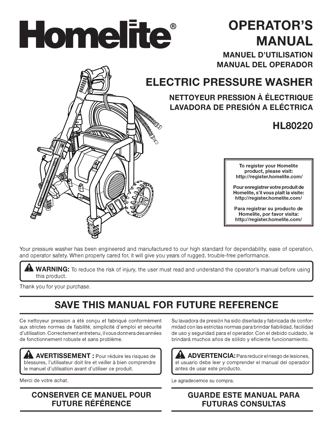 Homelite HL80220 manuel dutilisation Save this Manual for Future Reference, Merci de votre achat 