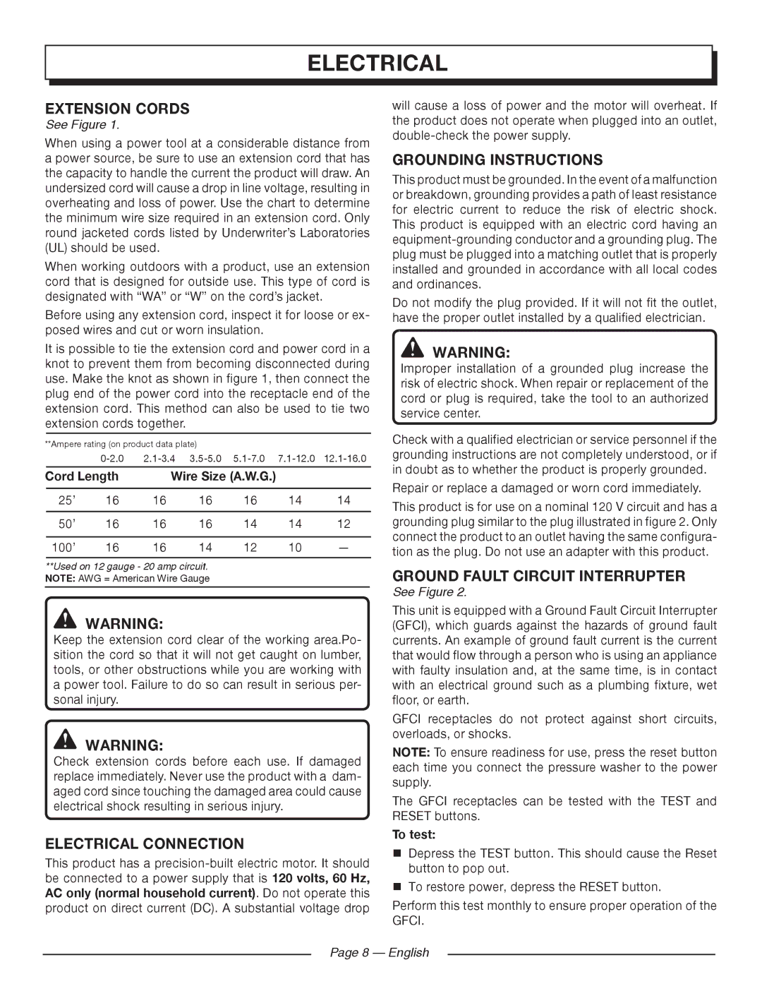 Homelite HL80220 Extension Cords, Electrical Connection, Grounding Instructions, Ground fault circuit interrupter 