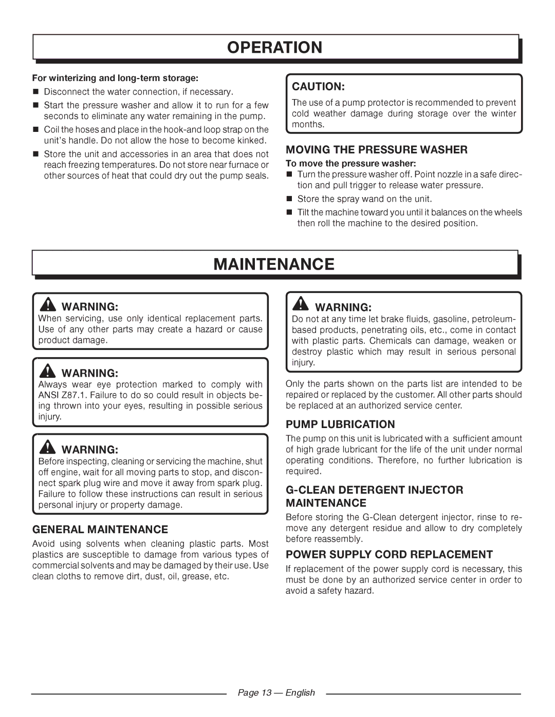 Homelite HL80220 manuel dutilisation General Maintenance, Power Supply Cord Replacement 