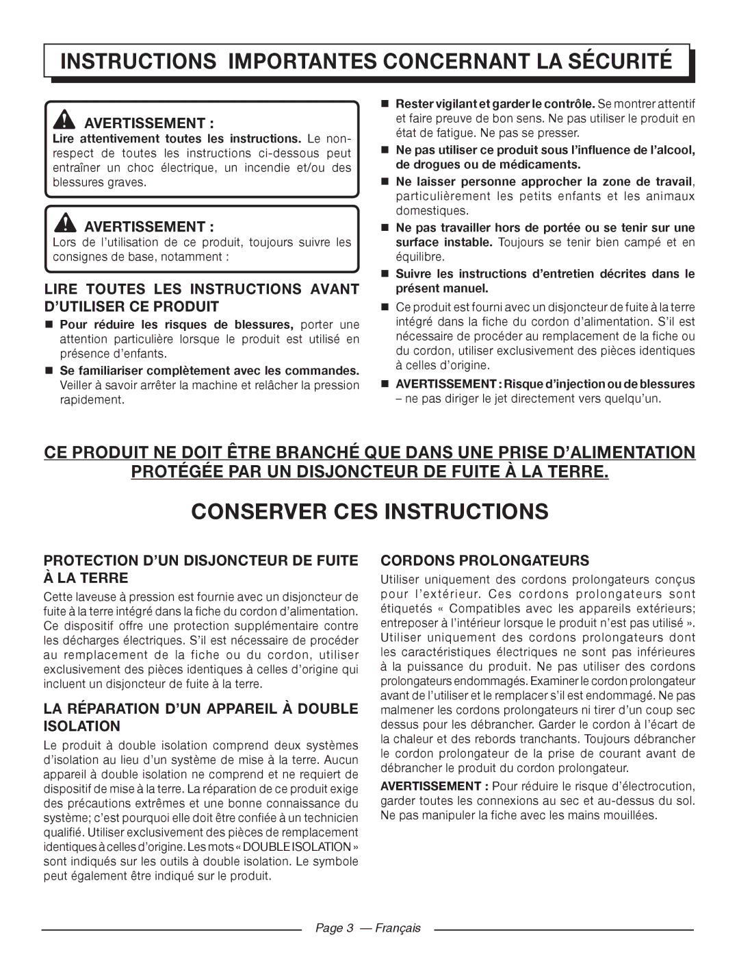 Homelite HL80220 manuel dutilisation Instructions Importantes Concernant LA Sécurité, Conserver CES Instructions 