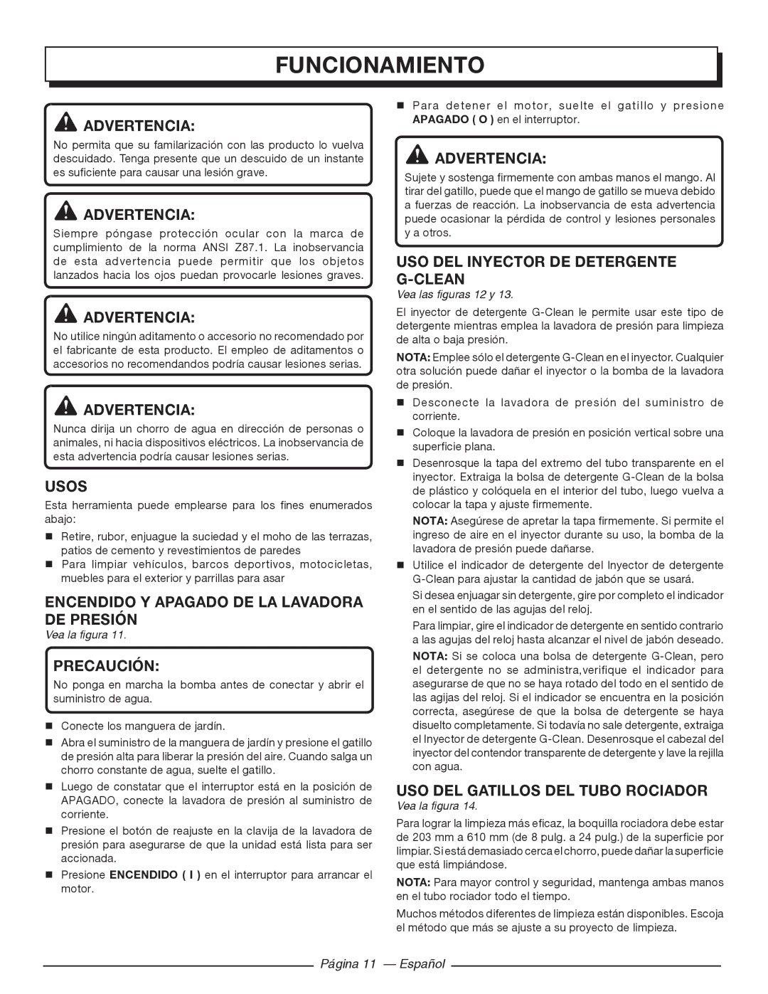 Homelite HL80220 Funcionamiento, Usos, Encendido Y Apagado DE LA Lavadora DE Presión, USO DEL GATILLOs DEL Tubo Rociador 