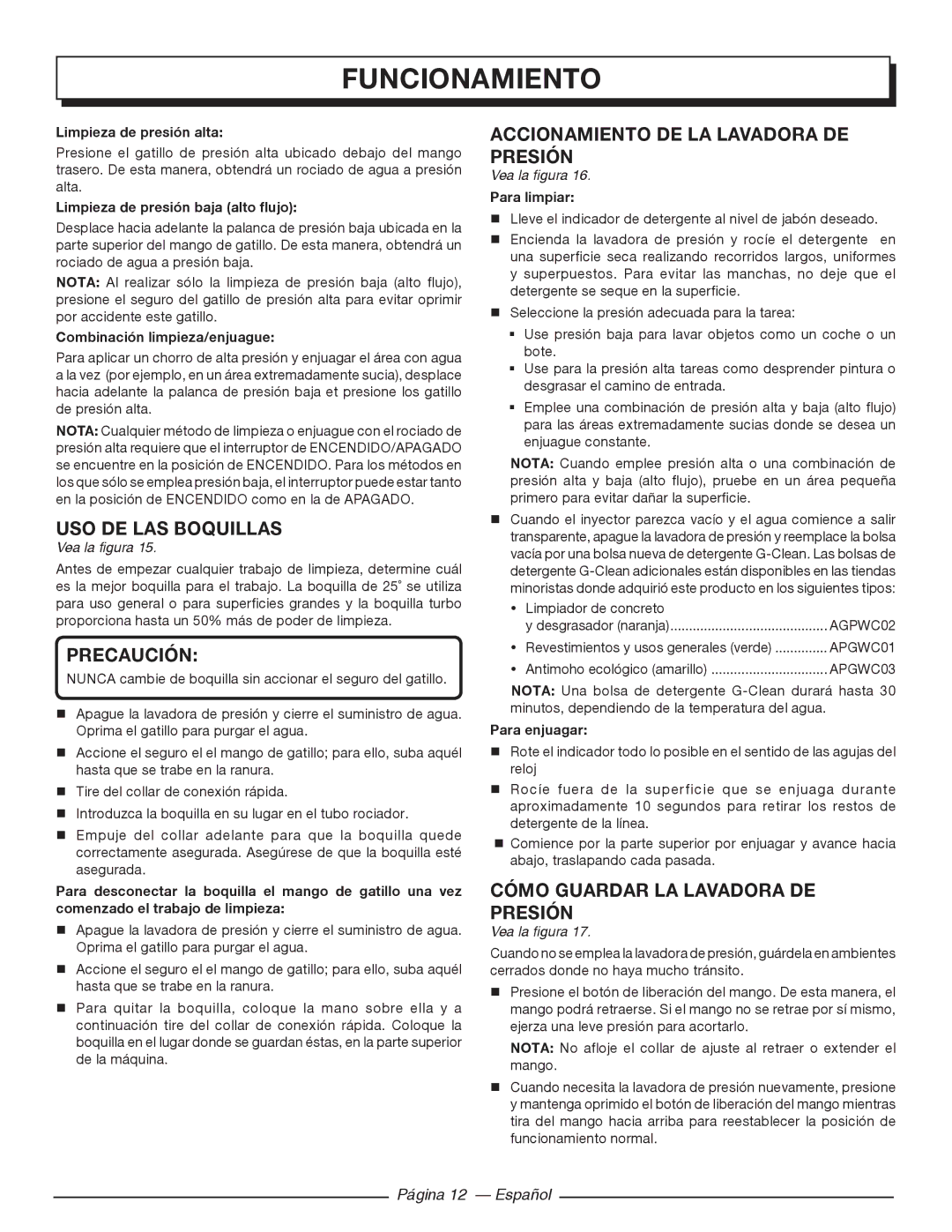 Homelite HL80220 USO DE LAS Boquillas, Accionamiento de la lavadora de presión, Cómo Guardar LA Lavadora DE Presión 