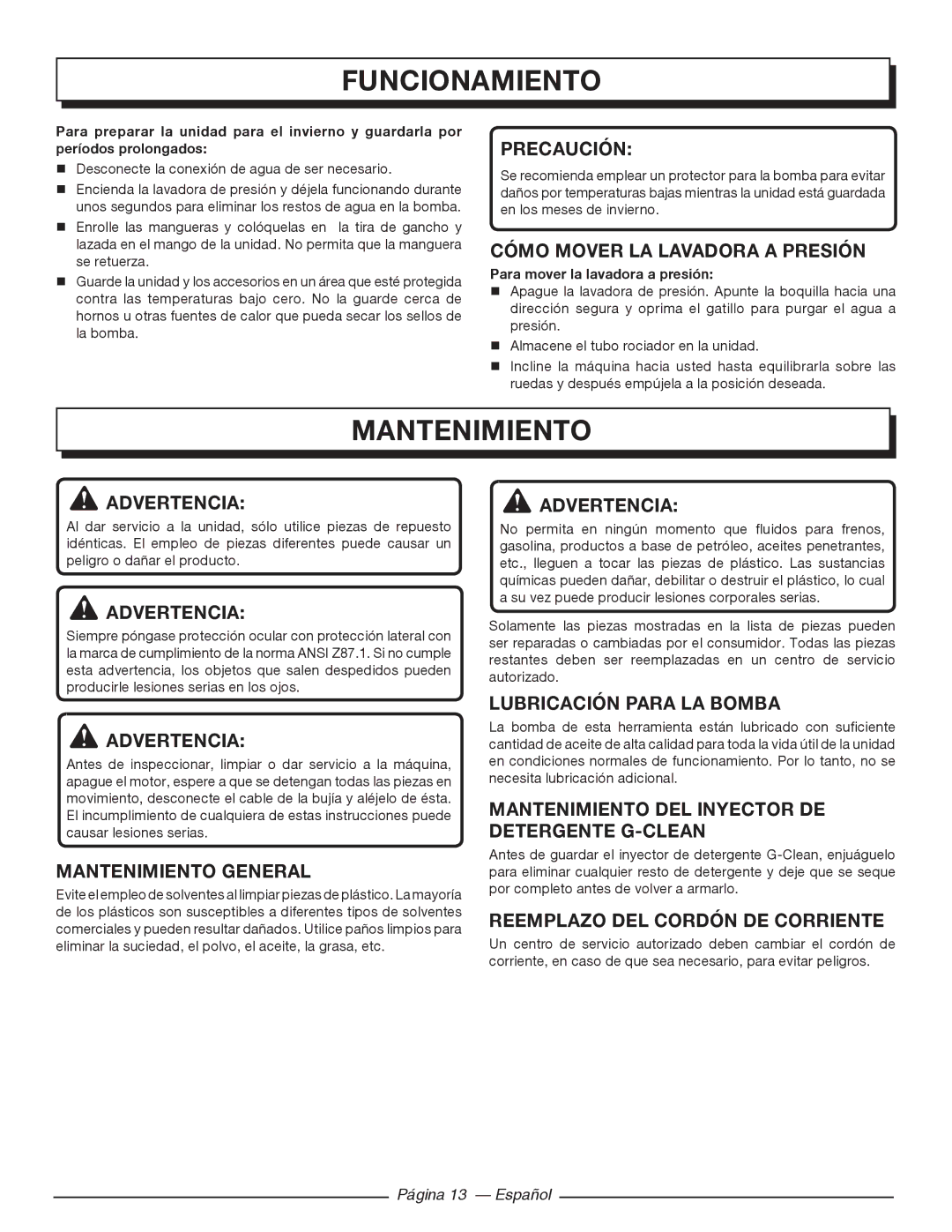 Homelite HL80220 Cómo Mover LA Lavadora a Presión, Mantenimiento General, Reemplazo DEL Cordón DE Corriente 