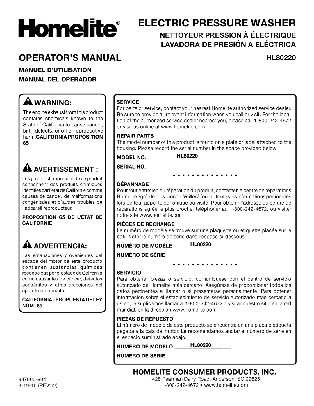 Homelite HL80220 manuel dutilisation OPERATOR’S Manual, Manuel D’UTILISATION Manual DEL Operador, Página 16 Español 