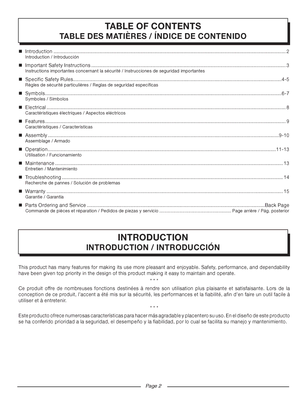 Homelite HL80220 manuel dutilisation Introduction, Table of Contents 