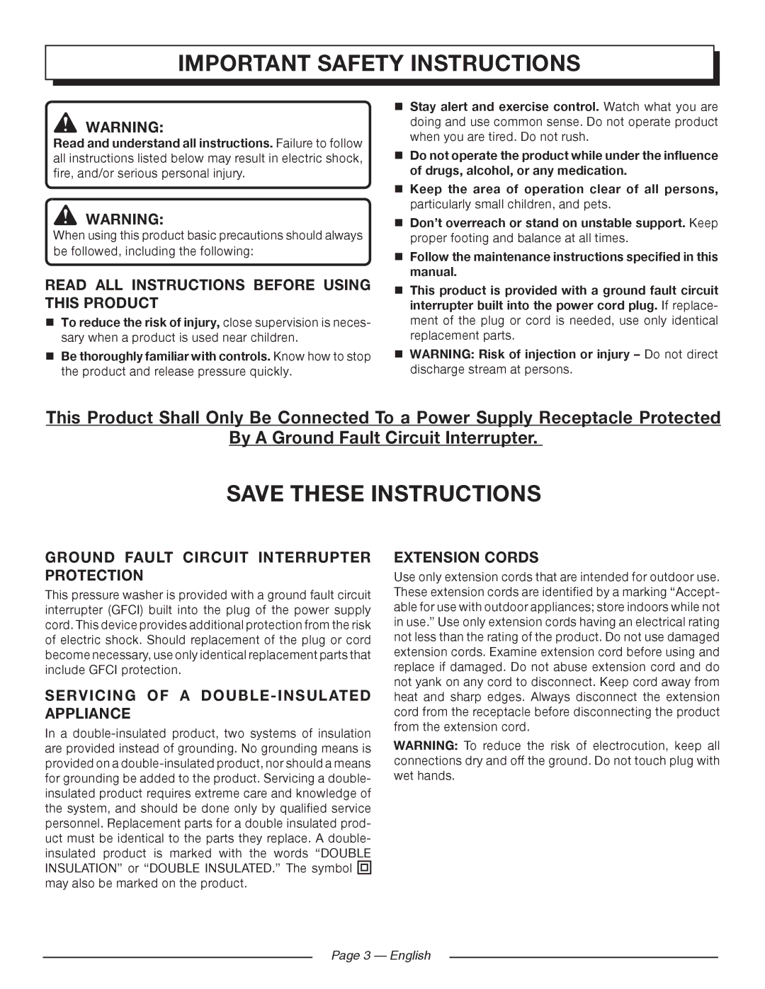 Homelite HL80220 Important safety instructions, Read ALL Instructions Before Using this Product, Extension cords 