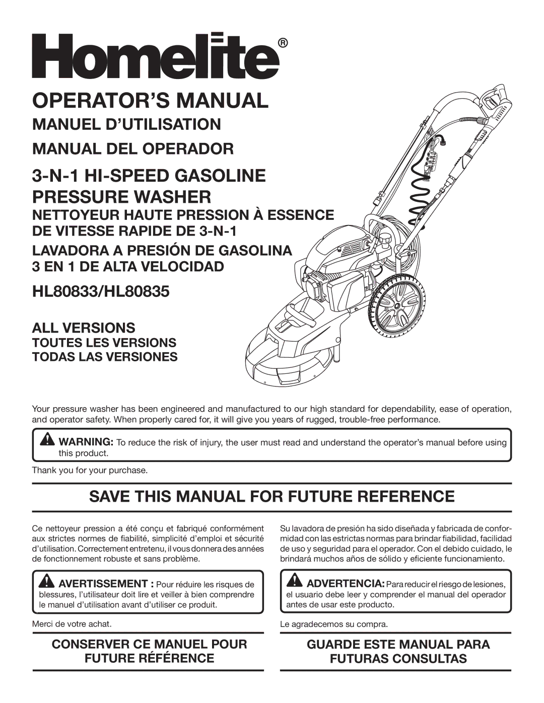 Homelite HL80833 manuel dutilisation Manual DEL Operador, Save this Manual for Future Reference 