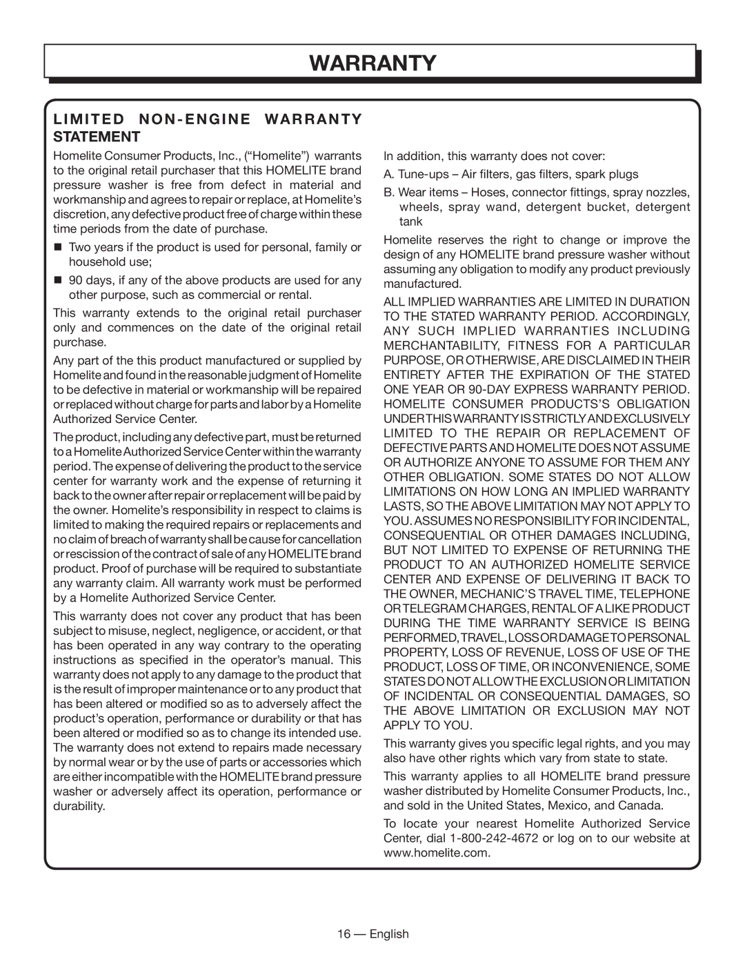 Homelite HL80833 manuel dutilisation Limit ED NON Engine Warranty Statement 