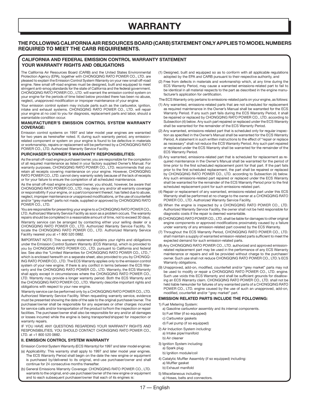 Homelite HL80833 manuel dutilisation Emission Related Parts Include the Following 