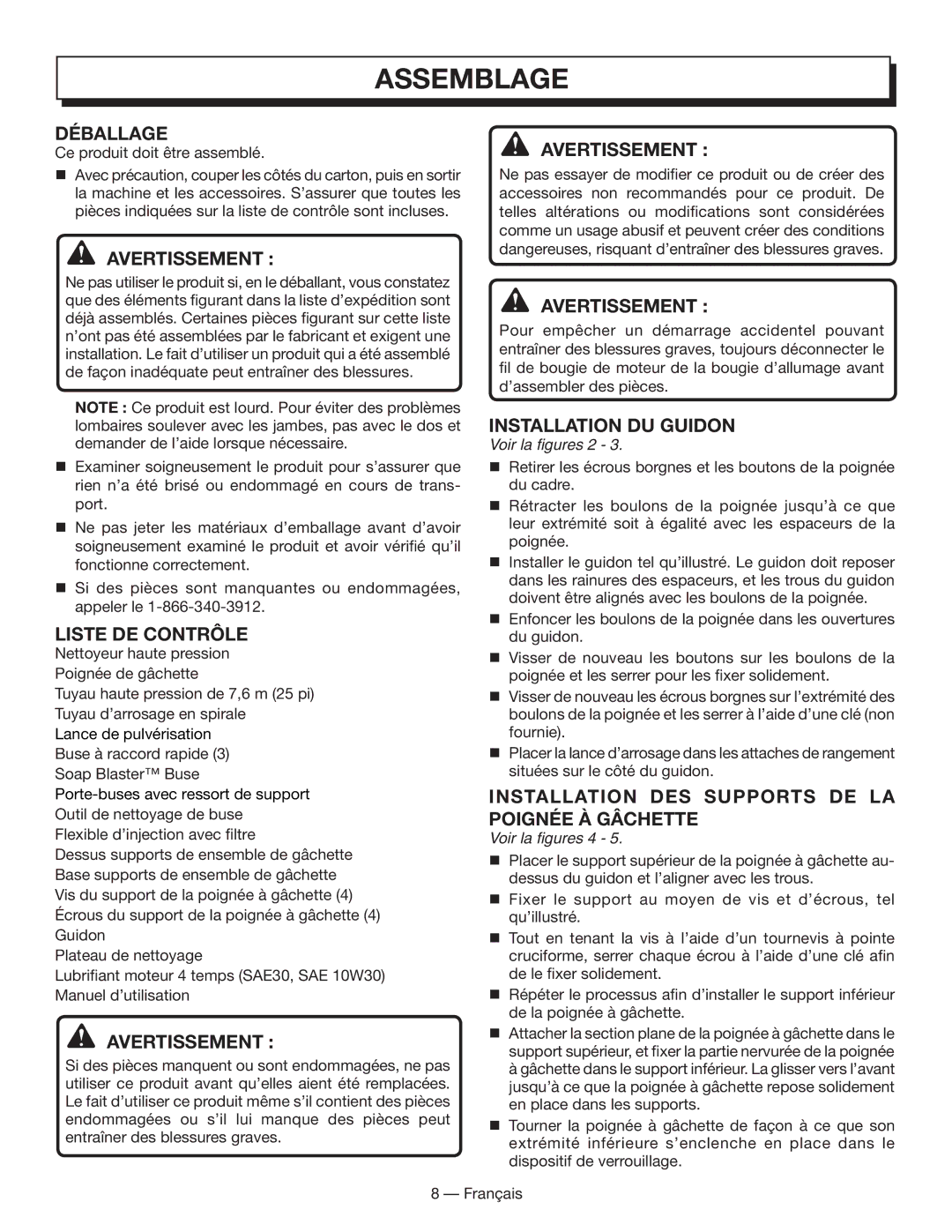 Homelite HL80833 manuel dutilisation Assemblage, Déballage, Liste DE Contrôle 