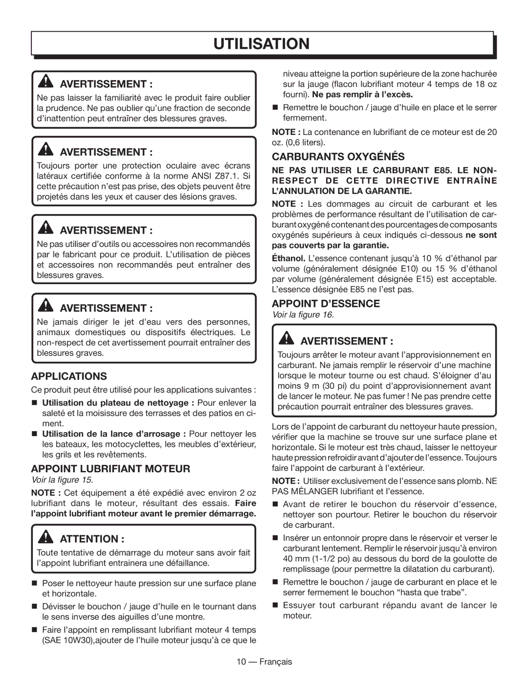 Homelite HL80833 manuel dutilisation Utilisation, Carburants Oxygénés, Appoint lubrifiant Moteur, Appoint D’ESSENCE 