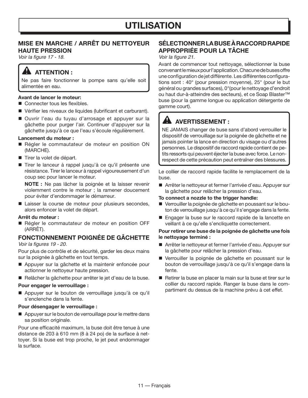 Homelite HL80833 manuel dutilisation Mise en marche / arrêt du nettoyeur haute pression, Fonctionnement poignée DE Gâchette 