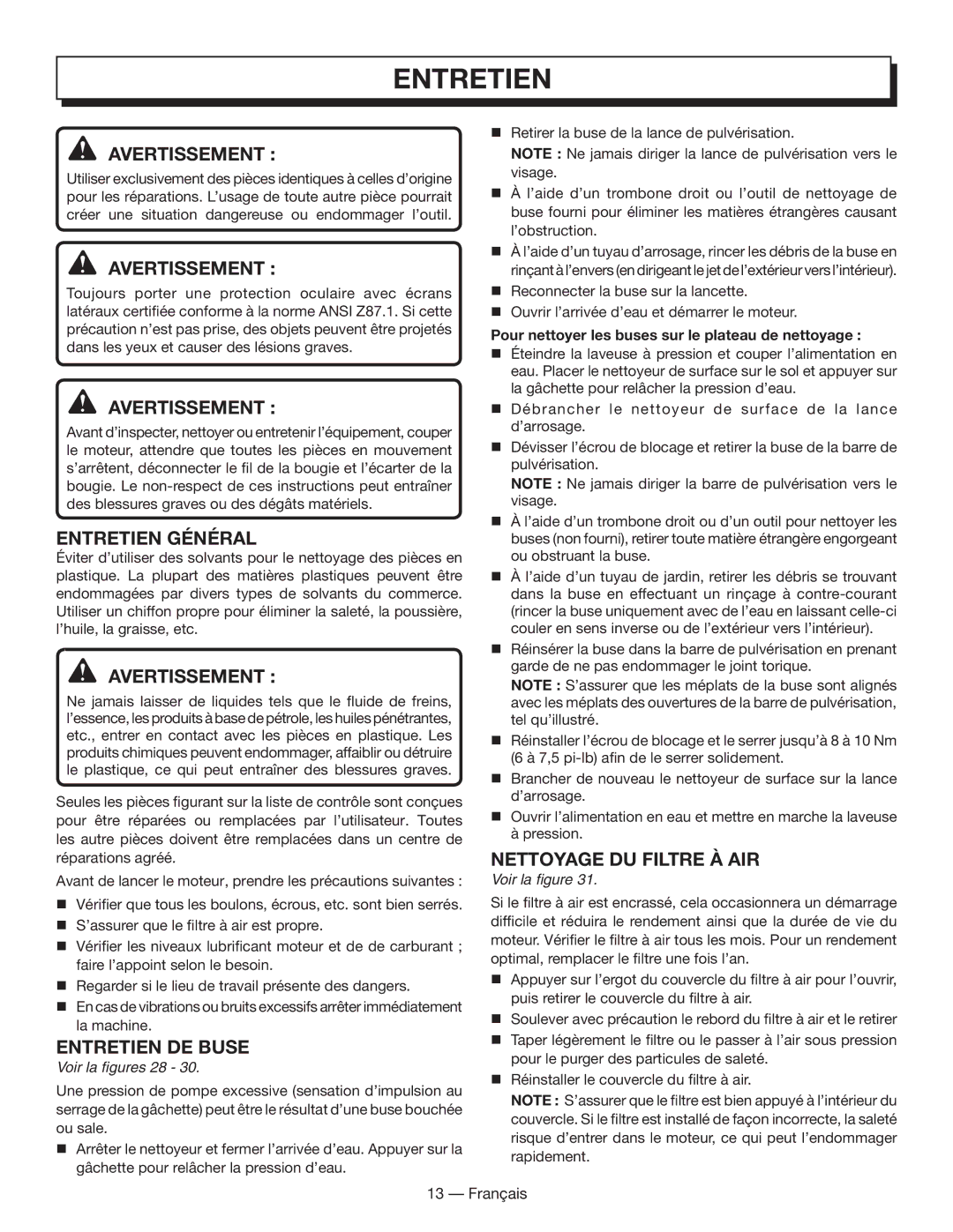 Homelite HL80833 manuel dutilisation Entretien Général, Entretien de buse, Nettoyage DU Filtre À AIR, Voir la figures 28 