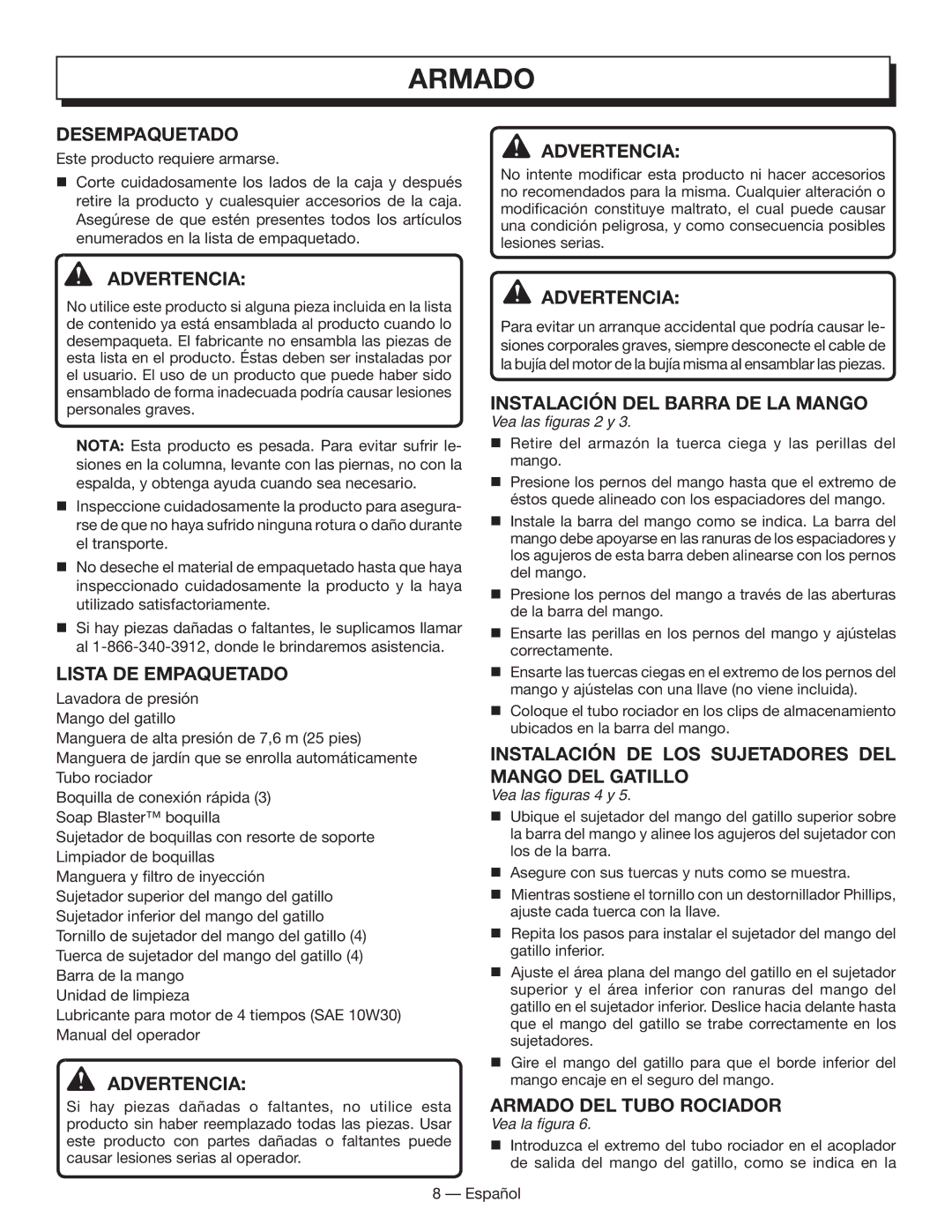 Homelite HL80833 Armado, Desempaquetado, Lista DE Empaquetado, Instalación DE LOS Sujetadores DEL Mango DEL Gatillo 