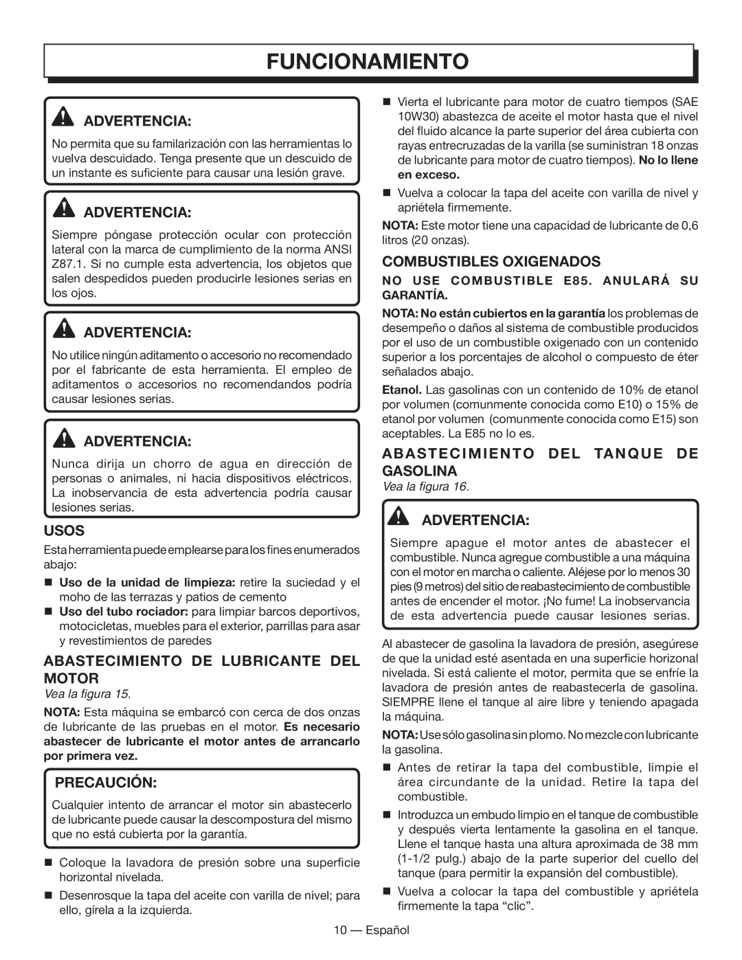 Homelite HL80833 manuel dutilisation Funcionamiento, Usos, AbASTECIMIENTO DE LubRICANTE DEL Motor, Combustibles Oxigenados 