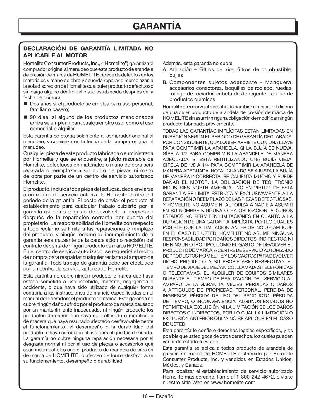 Homelite HL80833 manuel dutilisation Declaración DE Garantía Limitada no Aplicable AL Motor 