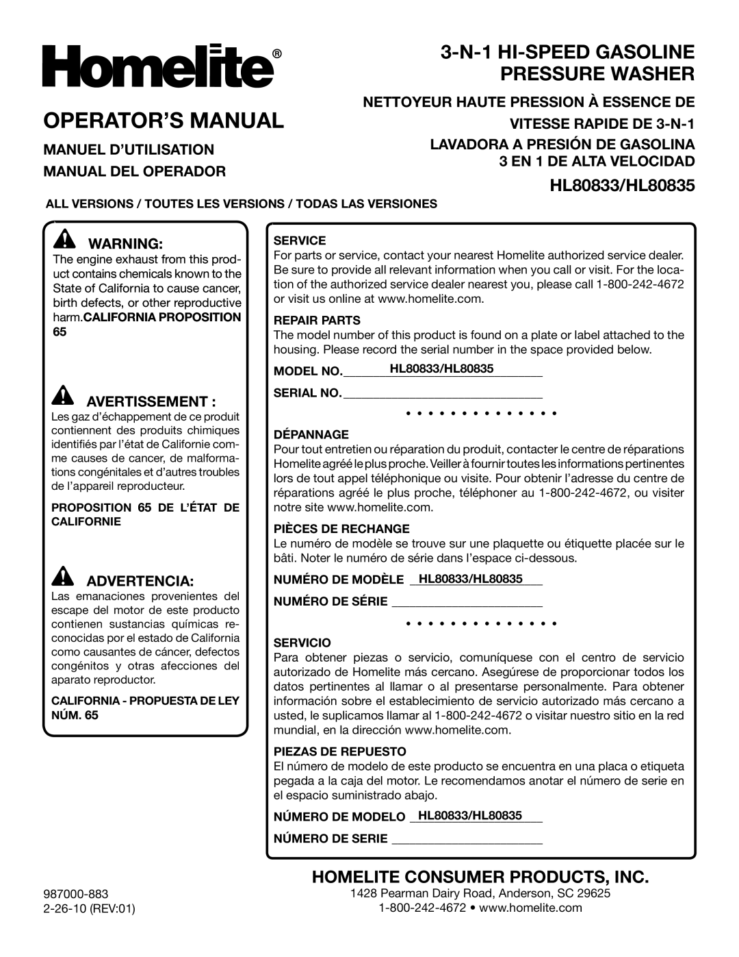 Homelite HL80833 manuel dutilisation OPERATOR’S Manual, Manuel D’UTILISATION Manual DEL Operador 