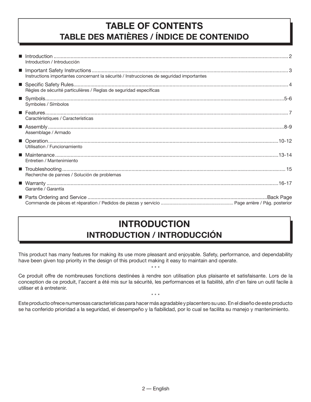 Homelite HL80833 manuel dutilisation Table of Contents 