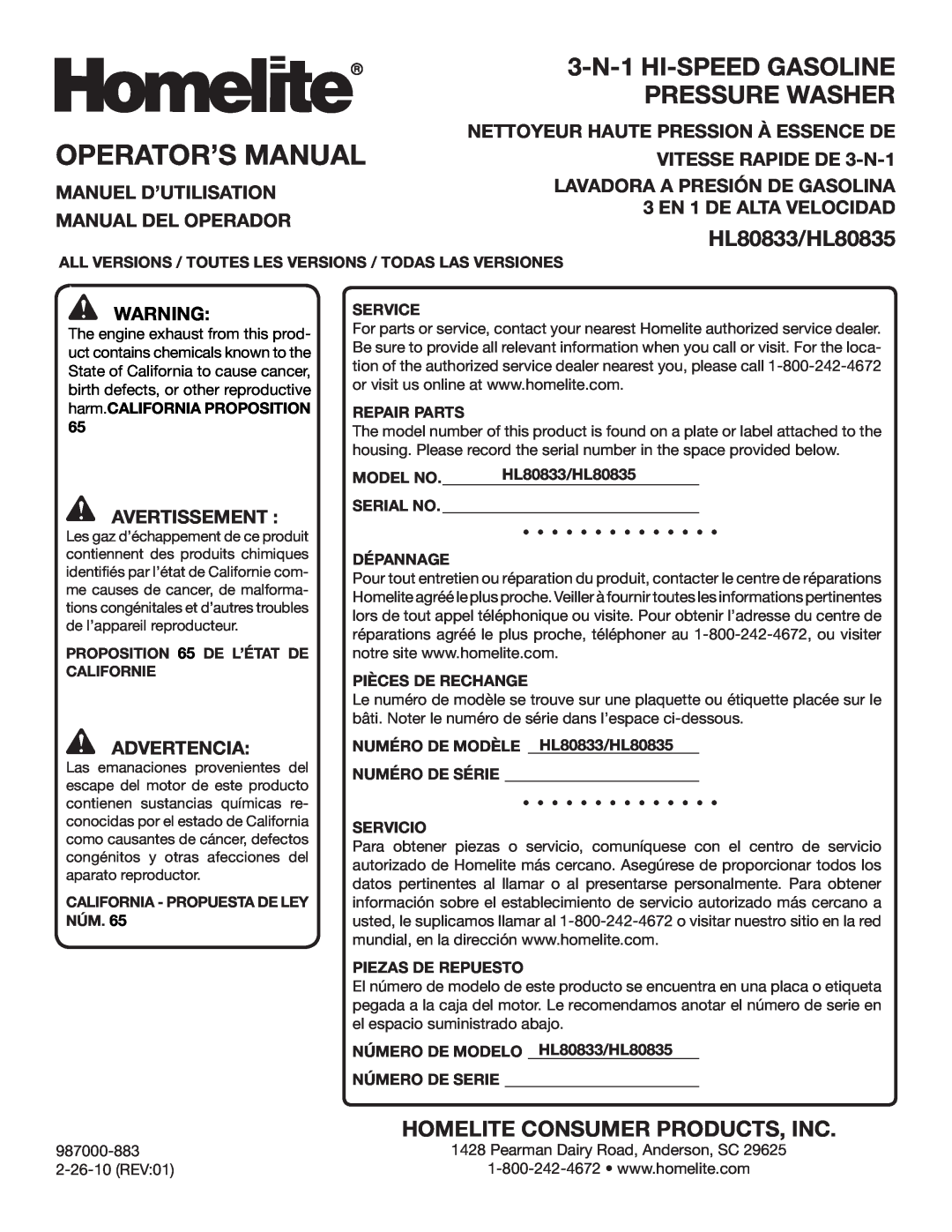 Homelite Operator’S Manual, HL80833/HL80835, Homelite Consumer Products, Inc, Manuel D’Utilisation Manual Del Operador 
