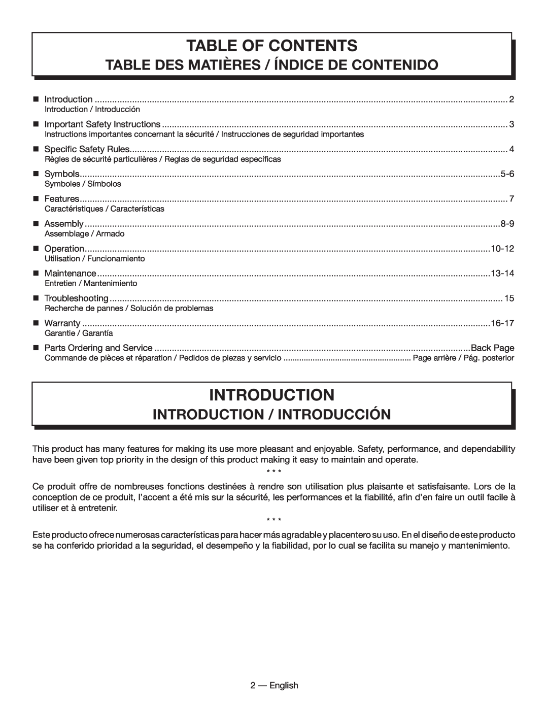 Homelite HL80833 Table Of Contents, introduction, Table Des Matières / Índice De Contenido, Introduction / Introducción 