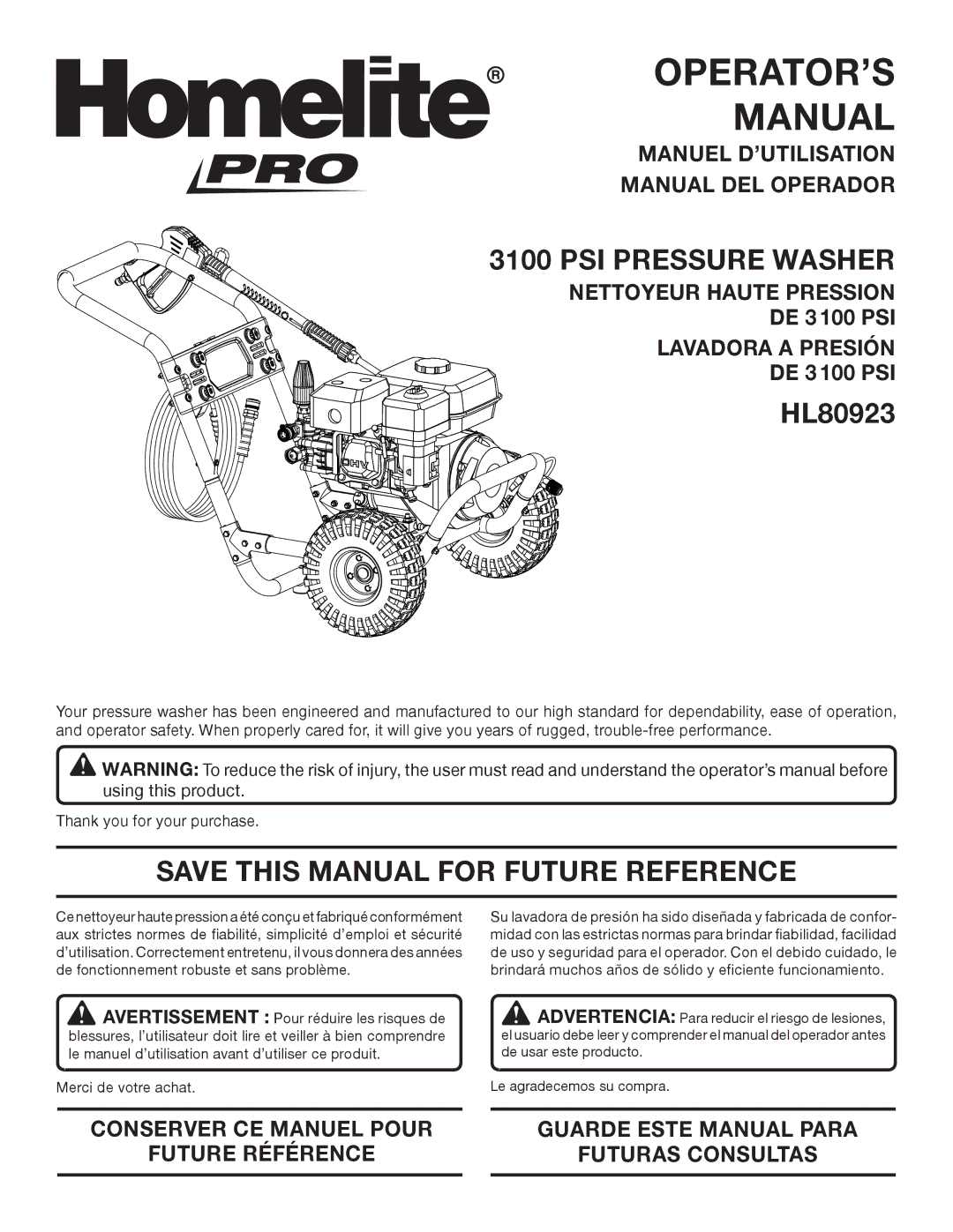 Homelite HL80923 manuel dutilisation PSI Pressure Washer, Save this Manual for Future Reference 