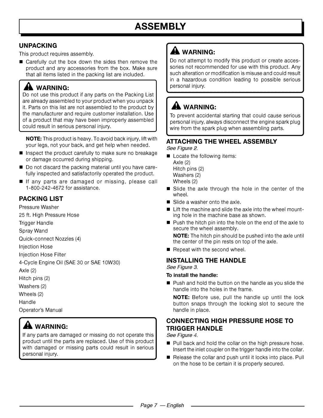 Homelite HL80923 manuel dutilisation Assembly, Unpacking, Packing List, Trigger Handle 