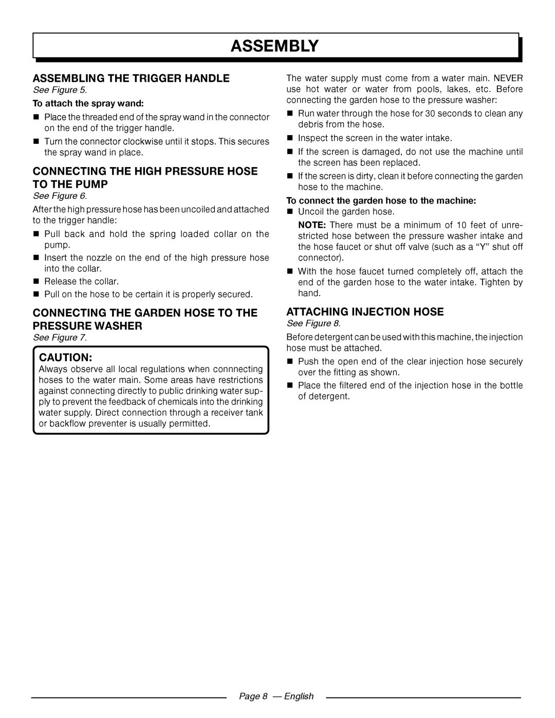 Homelite HL80923 Assembling the trigger handle, Connecting the high pressure hose to the pump, Attaching Injection hose 