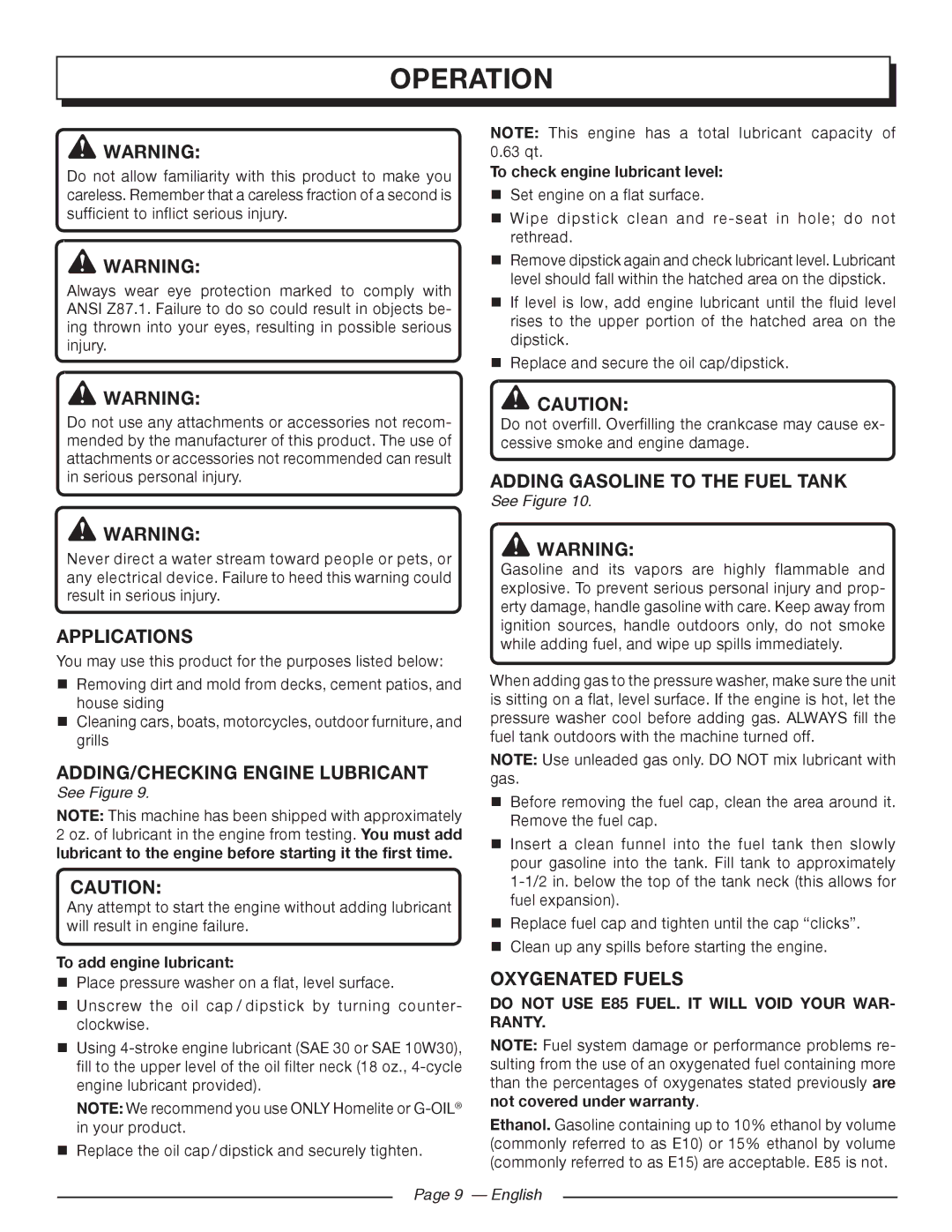 Homelite HL80923 Operation, Applications, Adding/checking engine lubricant, Adding gasoline to the Fuel tank 