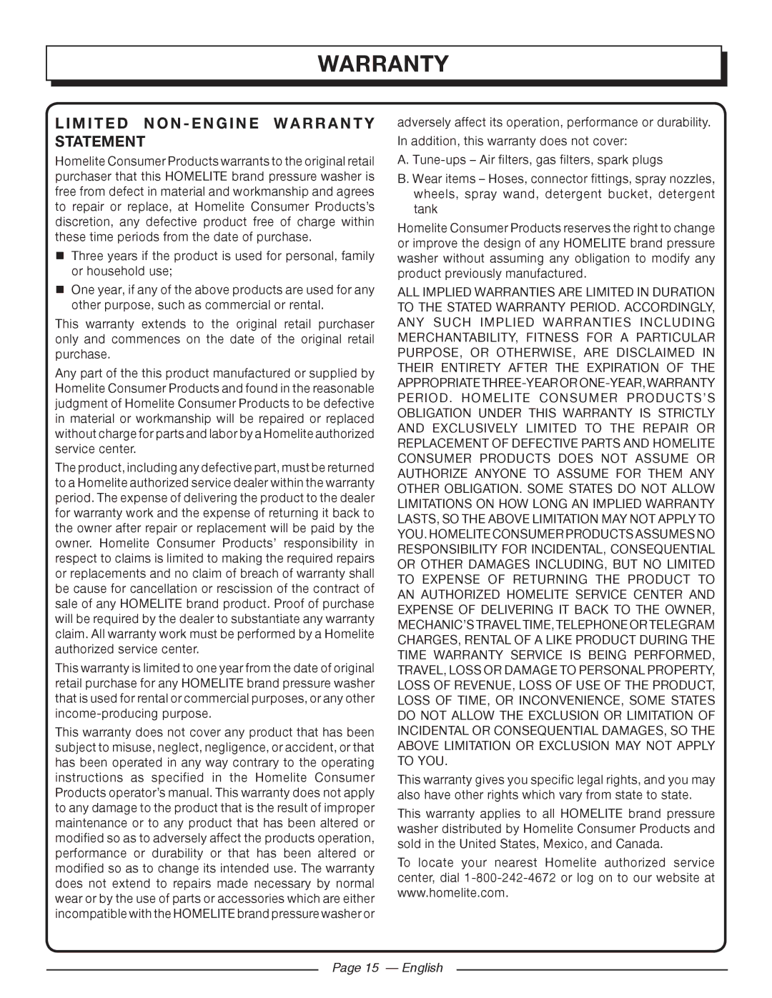 Homelite HL80923 manuel dutilisation Limited NON Engine Warranty Statement, English 