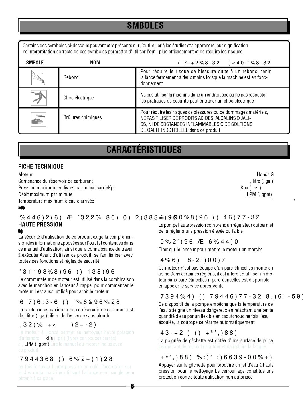 Homelite HL80923 manuel dutilisation Caractéristiques, Fiche Technique, Régulateur DE Pression, Pare-Étincelles 