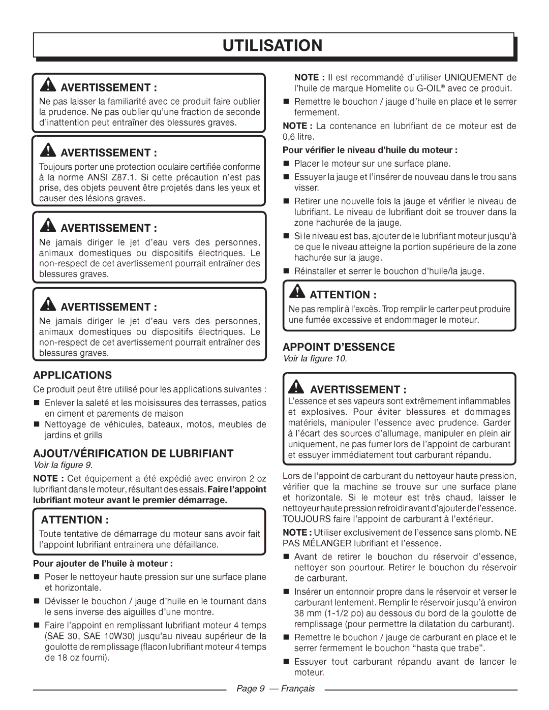 Homelite HL80923 manuel dutilisation Utilisation, Appoint D’ESSENCE, AJOUT/VÉRIFICATION DE Lubrifiant, Français 