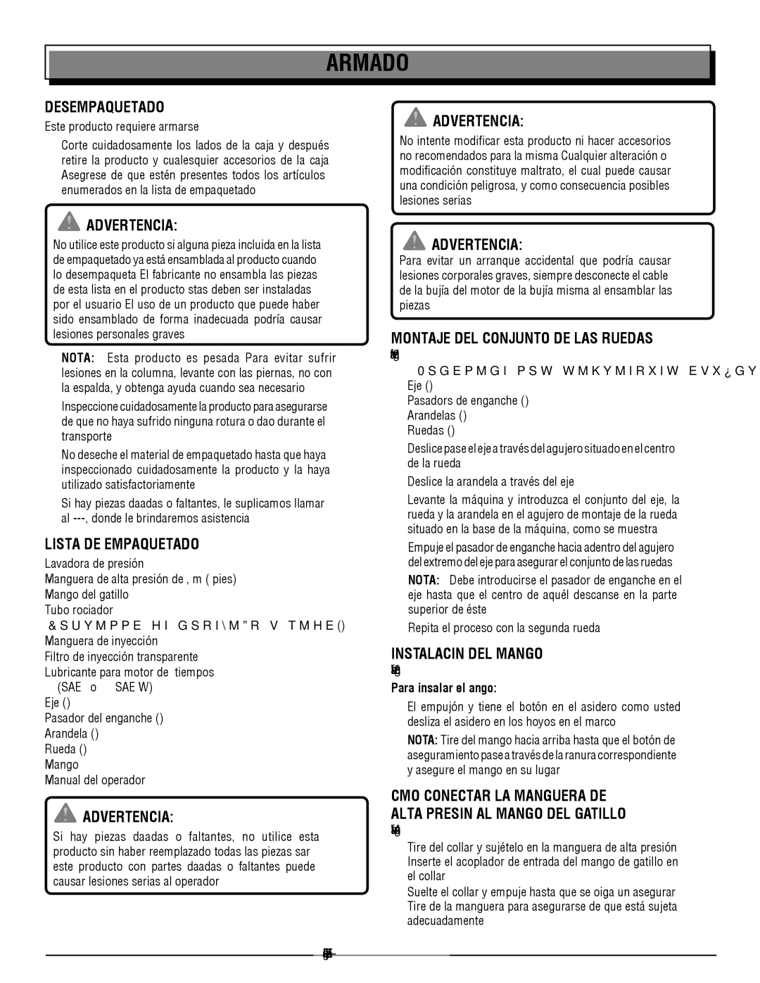 Homelite HL80923 Armado, Desempaquetado, Lista DE Empaquetado, Montaje del conjunto de las ruedas, Instalación del mango 