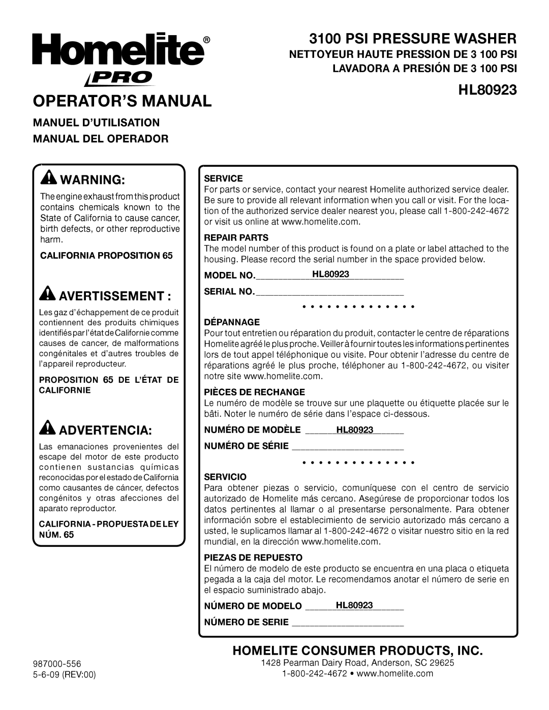 Homelite HL80923 manuel dutilisation OPERATOR’S Manual, Manuel D’UTILISATION Manual DEL Operador 