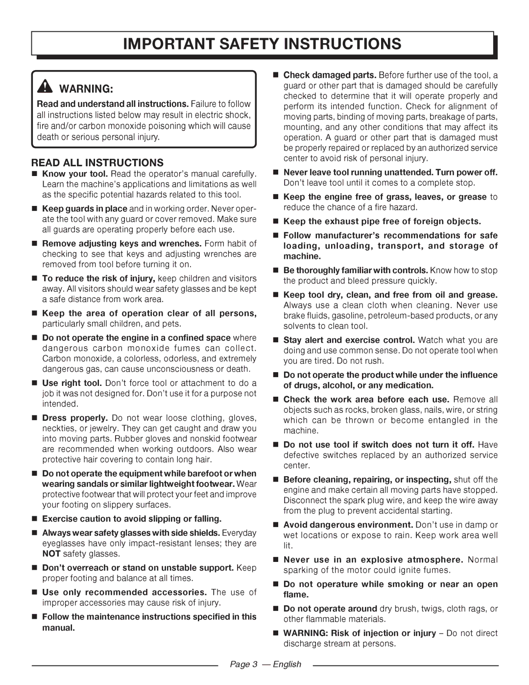 Homelite HL80923 manuel dutilisation Important safety instructions, Read ALL Instructions, English 