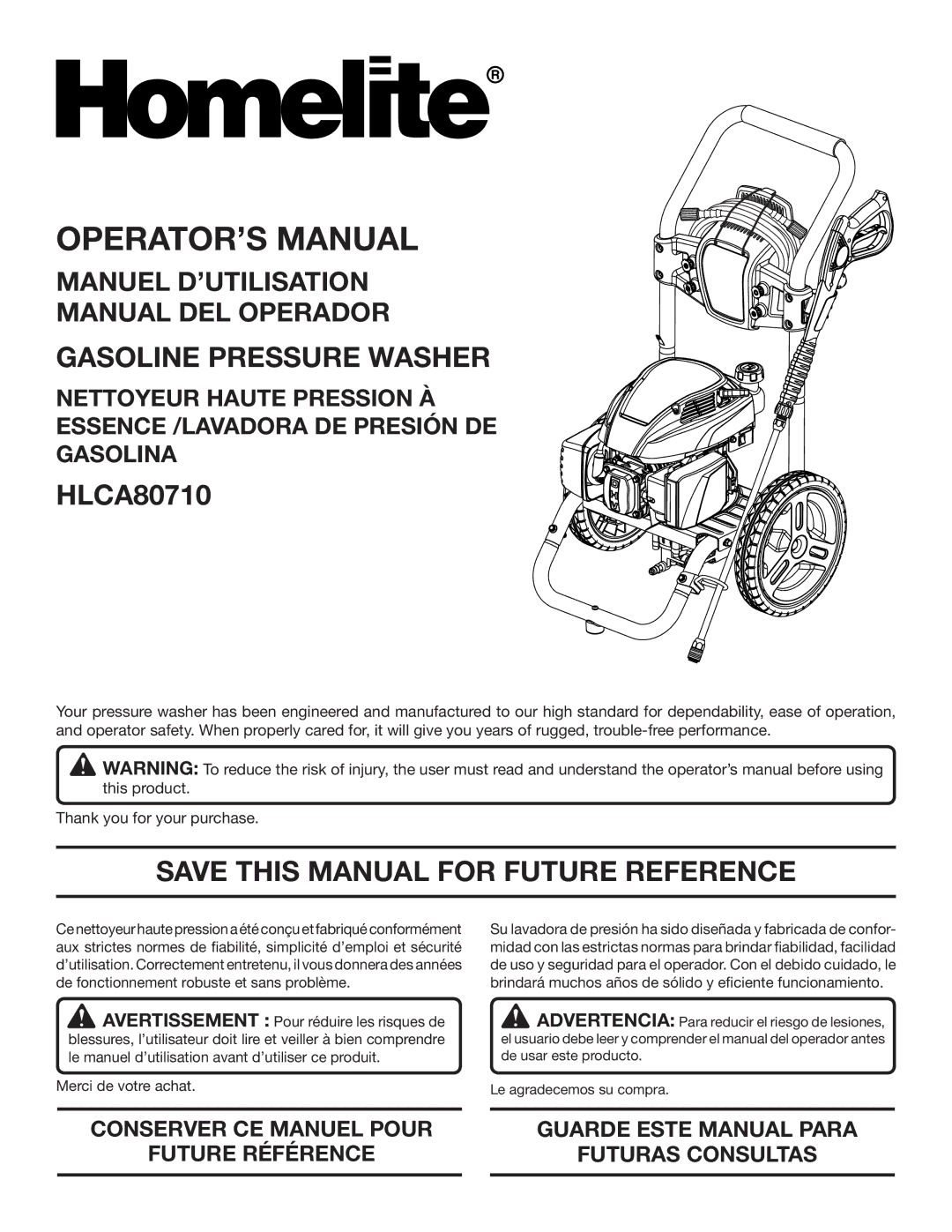 Homelite HLCA80710 manuel dutilisation OPERATOR’S Manual, Save this Manual for Future Reference 