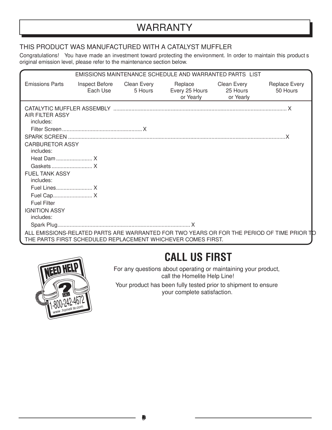 Homelite HLCA80710 manuel dutilisation Warranty, This product was manufactured with a catalyst muffler 