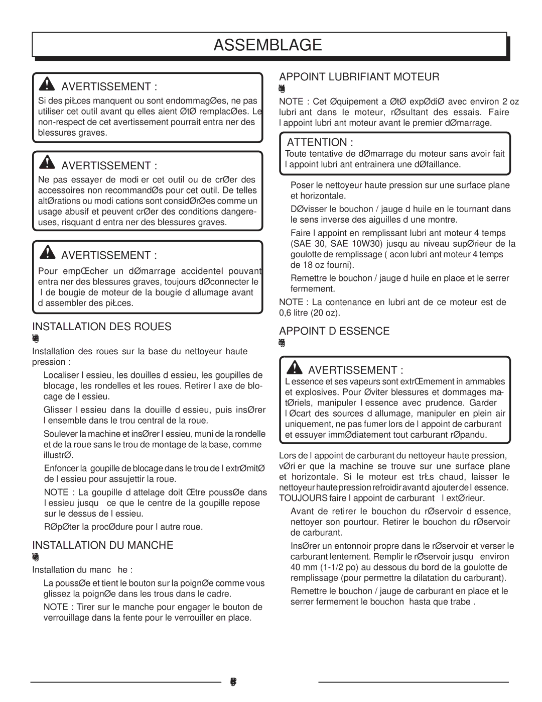 Homelite HLCA80710 Installation DES Roues, Installation DU Manche, Appoint lubrifiant Moteur, Appoint D’ESSENCE 