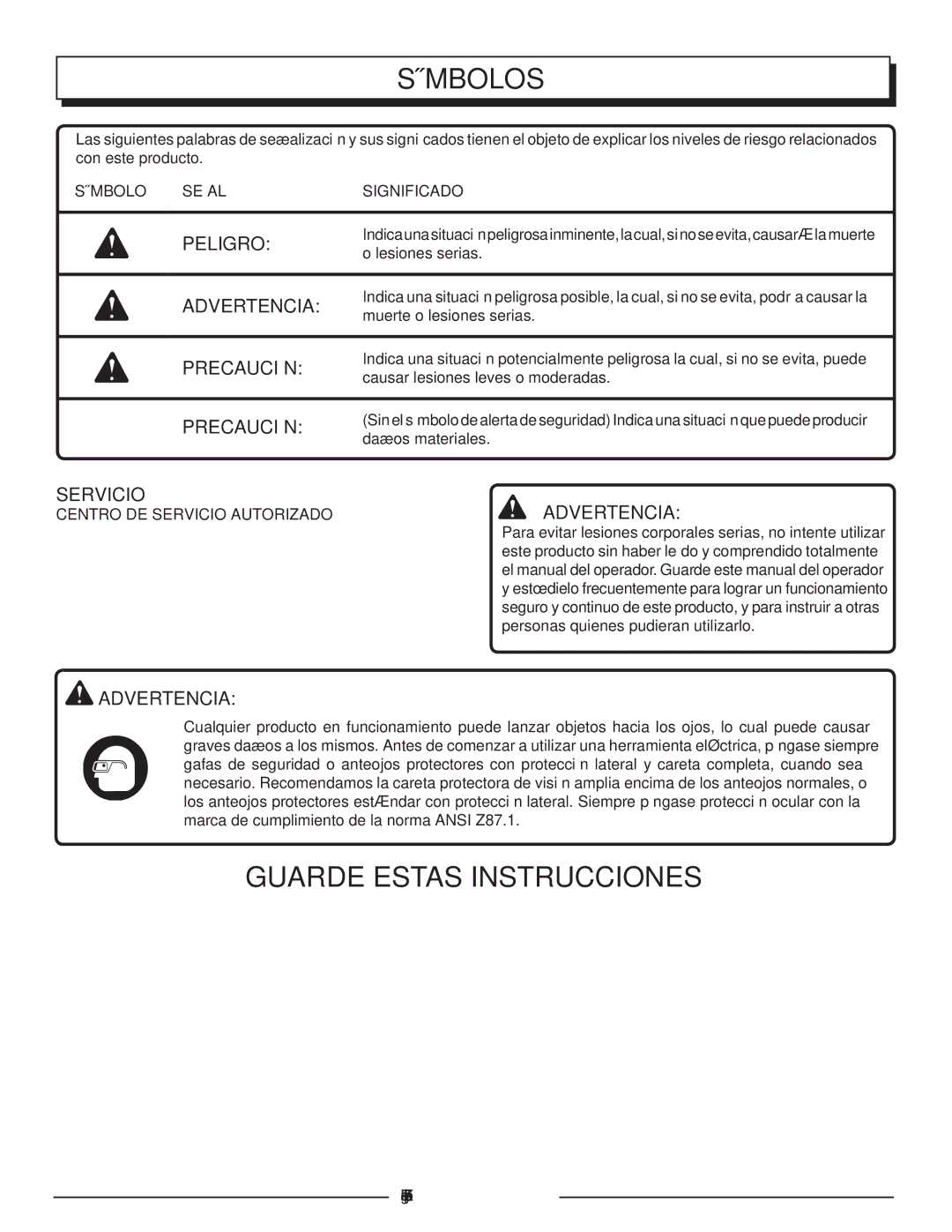 Homelite HLCA80710 manuel dutilisation Guarde Estas Instrucciones, Peligro, Precaución Servicio 