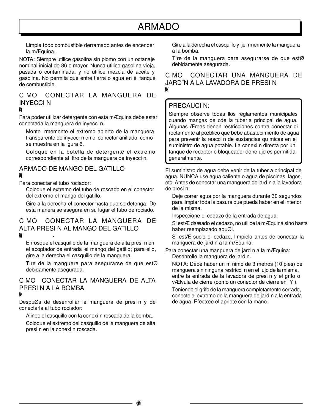 Homelite HLCA80710 manuel dutilisation Cómo conectar la manguera de inyección, Armado de mango del gatillo, Precaución 